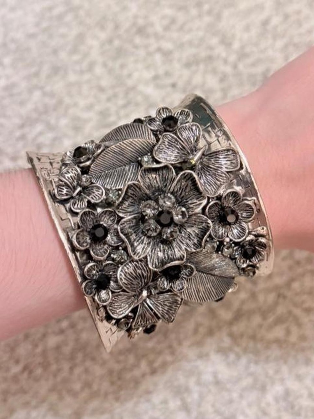 Floral Embellished Silver-Tone Cuff Bracelet